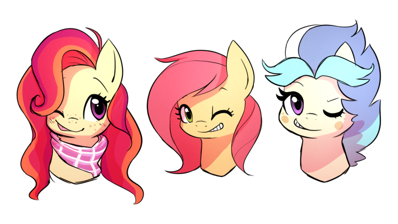 Size: 1280x720 | Tagged: safe, artist:little-tweenframes, banned from derpibooru, deleted from derpibooru, derpibooru import, oc, oc:girasole, oc:hurricane, oc:sunny days, unofficial characters only, pony, bandana, cute, female, freckles, half-siblings, mare, next generation, ocbetes, offspring, one eye closed, parent:big macintosh, parent:fleetfoot, parent:fluttershy, parent:princess cadance, parents:cadmac, parents:fleetmac, parents:fluttermac, simple background, smiling, transparent background, trio, wink