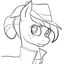 Size: 1200x1214 | Tagged: safe, artist:acesential, banned from derpibooru, deleted from derpibooru, derpibooru import, applejack, earth pony, pony, fallout equestria, fanfic, black and white, clothes, coat, fanfic art, female, grayscale, hair bun, hat, mare, ministry mares, monochrome, simple background, solo, white background