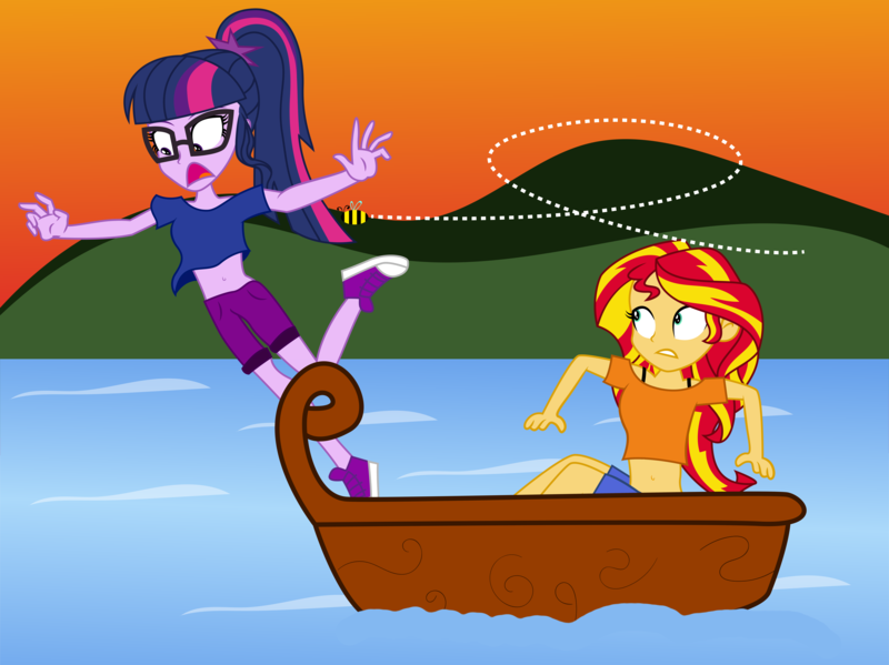 Size: 14272x10689 | Tagged: safe, artist:paulysentry, banned from derpibooru, deleted from derpibooru, derpibooru import, sci-twi, sunset shimmer, twilight sparkle, bee, insect, equestria girls, absurd resolution, belly button, boat, bra, bra strap, clothes, lake, looking down, midriff, open mouth, shoes, short shirt, shorts, sneakers, underwear