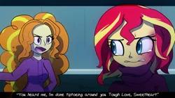 Size: 1280x720 | Tagged: safe, artist:little-tweenframes, banned from derpibooru, deleted from derpibooru, derpibooru import, adagio dazzle, sunset shimmer, equestria girls, clothes, dialogue, open mouth, tough love, widescreen