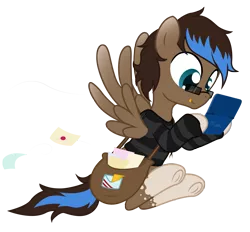 Size: 2563x2377 | Tagged: safe, artist:vito, banned from derpibooru, deleted from derpibooru, derpibooru import, oc, oc:playthrough, unofficial characters only, pony, 3ds, clothes, distracted, flying, glasses, holding, hoodie, mail, mailbag, male, simple background, solo, spread wings, stallion, tongue out, transparent background, wings