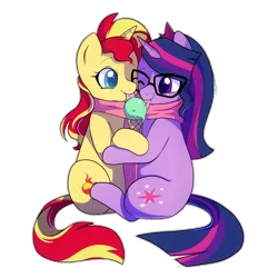 Size: 1000x1000 | Tagged: safe, artist:little-tweenframes, banned from derpibooru, deleted from derpibooru, derpibooru import, sci-twi, sunset shimmer, twilight sparkle, ponified, pony, unicorn, series:sciset diary, equestria girls, clothes, cute, female, food, glasses, ice cream, lesbian, licking, mare, misleading thumbnail, one eye closed, scarf, scitwishimmer, shimmerbetes, shipping, simple background, sunsetsparkle, tongue out, twiabetes