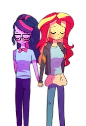 Size: 779x1144 | Tagged: safe, artist:little-tweenframes, banned from derpibooru, deleted from derpibooru, derpibooru import, sci-twi, sunset shimmer, twilight sparkle, series:sciset diary, equestria girls, breasts, clothes, cute, eyes closed, female, glasses, holding hands, jacket, lesbian, pants, scitwishimmer, shipping, smiling, sunsetsparkle