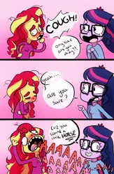 Size: 720x1105 | Tagged: safe, artist:little-tweenframes, banned from derpibooru, deleted from derpibooru, derpibooru import, sci-twi, sunset shimmer, twilight sparkle, series:sciset diary, equestria girls, aaaaaaaaaa, angry, bad pun, clothes, comic, coughing, crying, dialogue, female, glasses, horse puns, joke, lesbian, lol, pun, scitwishimmer, shipping, sick, sunsetsparkle, this will end in pain