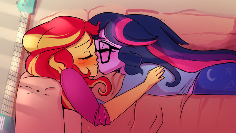 Size: 1280x720 | Tagged: suggestive, artist:little-tweenframes, banned from derpibooru, deleted from derpibooru, derpibooru import, sci-twi, sunset shimmer, twilight sparkle, series:sciset diary, equestria girls, blanket, blushing, clothes, couch, cute, electric guitar, eyes closed, female, glasses, guitar, kissing, lesbian, morning, musical instrument, pajamas, scitwishimmer, shipping, smiling, sunsetsparkle