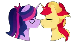 Size: 1280x720 | Tagged: safe, artist:little-tweenframes, banned from derpibooru, deleted from derpibooru, derpibooru import, sci-twi, sunset shimmer, twilight sparkle, ponified, pony, series:sciset diary, equestria girls, boop, cute, eyes closed, female, glasses, lesbian, noseboop, scitwishimmer, shimmerbetes, shipping, simple background, smiling, sunsetsparkle, twiabetes