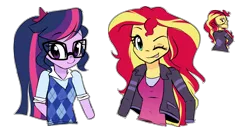 Size: 1280x683 | Tagged: safe, artist:little-tweenframes, banned from derpibooru, deleted from derpibooru, derpibooru import, sci-twi, sunset shimmer, twilight sparkle, series:sciset diary, equestria girls, clothes, cute, female, glasses, lesbian, one eye closed, scitwishimmer, shimmerbetes, shipping, simple background, sunsetsparkle, twiabetes, wink