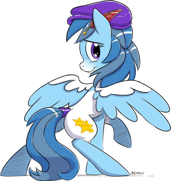 Size: 2595x2751 | Tagged: safe, artist:dilarus, banned from derpibooru, deleted from derpibooru, derpibooru import, oc, oc:wish, unofficial characters only, pegasus, pony, cap, commission, cutie mark, female, hat, looking at you, mare, paint, purple eyes, quill, simple background, solo, stars, tail wrap, transparent background, wings