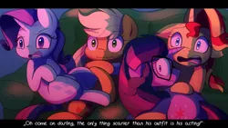 Size: 1280x720 | Tagged: safe, artist:little-tweenframes, banned from derpibooru, deleted from derpibooru, derpibooru import, applejack, rarity, sci-twi, sunset shimmer, twilight sparkle, ponified, pony, series:sciset diary, equestria girls, couch, equestria girls ponified, female, freckles, glasses, horror movies, lesbian, looking at something, movie, open mouth, rarijack, scared, scitwishimmer, shipping, sunsetsparkle