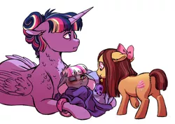 Size: 1024x726 | Tagged: safe, artist:lopoddity, banned from derpibooru, deleted from derpibooru, derpibooru import, twilight sparkle, twilight sparkle (alicorn), oc, oc:cupcake, oc:pandora, alicorn, draconequus, earth pony, hybrid, pony, pandoraverse, caring for the sick, draconequus oc, female, hair bun, interspecies offspring, mister jingles, mother and child, mother and daughter, next generation, offspring, parent:cheese sandwich, parent:discord, parent:pinkie pie, parent:twilight sparkle, parents:cheesepie, parents:discolight, sick, simple background, smiling, white background, younger