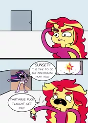 Size: 720x1000 | Tagged: suggestive, artist:little-tweenframes, banned from derpibooru, deleted from derpibooru, derpibooru import, sci-twi, sunset shimmer, twilight sparkle, series:sciset diary, equestria girls, bathroom, boyshorts, bra, clothes, comic, crop top bra, crying, cutie mark underwear, female, lesbian, panties, scitwishimmer, shipping, sunsetsparkle, underwear, underwear swap, vulgar, white underwear, yelling