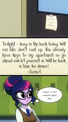 Size: 720x1280 | Tagged: safe, artist:little-tweenframes, banned from derpibooru, deleted from derpibooru, derpibooru import, sci-twi, twilight sparkle, comic:the plan, series:sciset diary, equestria girls, canterlot high, clothes, comic, glasses, hair bun, implied sunset shimmer, solo, thought bubble