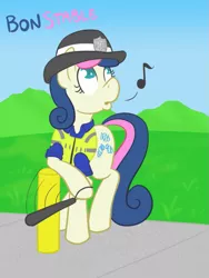 Size: 563x750 | Tagged: safe, artist:atlur, banned from derpibooru, deleted from derpibooru, derpibooru import, bon bon, sweetie drops, baton, bonafied, bonpun, clothes, constable, fire hydrant, hat, leaning, looking up, music notes, police, police officer, pun, solo, uniform, whistle, whistling