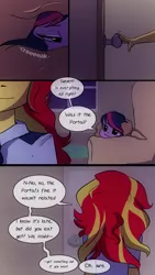 Size: 720x1280 | Tagged: safe, artist:little-tweenframes, banned from derpibooru, deleted from derpibooru, derpibooru import, sci-twi, sunset shimmer, twilight sparkle, comic:the plan, series:sciset diary, equestria girls, blanket, clothes, comic, couch, dialogue, door, female, lesbian, scitwishimmer, shipping, sleepy, sunsetsparkle