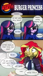 Size: 720x1280 | Tagged: safe, artist:little-tweenframes, banned from derpibooru, deleted from derpibooru, derpibooru import, flash sentry, sci-twi, sunset shimmer, twilight sparkle, comic:the plan, series:sciset diary, equestria girls, burger king, clothes, comfort eating, comic, dialogue, eating, fast food, female, food, french fries, glasses, lesbian, loose hair, reference, restaurant, scitwishimmer, shipping, speech bubble, sunsetsparkle