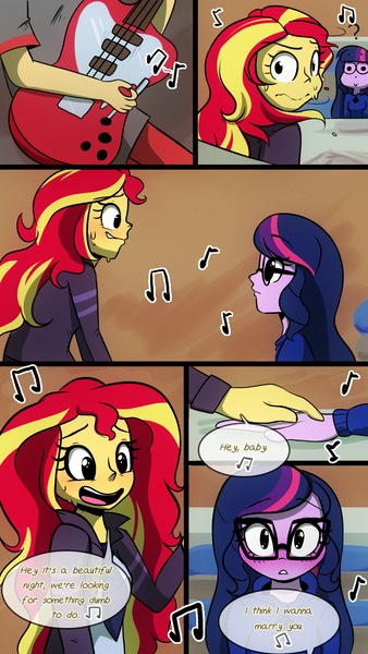 Size: 720x1280 | Tagged: safe, artist:little-tweenframes, banned from derpibooru, deleted from derpibooru, derpibooru import, flash sentry, sci-twi, sunset shimmer, twilight sparkle, comic:the plan, series:sciset diary, equestria girls, blushing, comic, cute, electric guitar, female, glasses, guitar, lesbian, looking back, marriage proposal, music, music notes, musical instrument, nervous, scitwishimmer, shipping, singing, smiling, sunsetsparkle