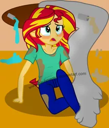 Size: 1024x1198 | Tagged: safe, artist:paulysentry, banned from derpibooru, deleted from derpibooru, derpibooru import, sunset shimmer, equestria girls, clothes, crying, dirty, embarrassed, humiliated, pants, party, solo, spill, table cloth, watermark