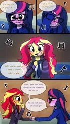 Size: 720x1280 | Tagged: safe, artist:little-tweenframes, banned from derpibooru, deleted from derpibooru, derpibooru import, sci-twi, sunset shimmer, twilight sparkle, comic:the plan, series:sciset diary, equestria girls, blushing, clothes, comic, crying, female, holding hands, lesbian, looking at each other, marriage proposal, music, music notes, scitwishimmer, shipping, singing, sunsetsparkle, tears of joy