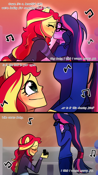 Size: 720x1280 | Tagged: safe, artist:little-tweenframes, banned from derpibooru, deleted from derpibooru, derpibooru import, sci-twi, sunset shimmer, twilight sparkle, comic:the plan, series:sciset diary, equestria girls, blushing, clothes, comic, crying, engagement ring, eyes closed, female, kissing, kneeling, lesbian, marriage proposal, music notes, pants, ponied up, scitwishimmer, shipping, smiling, sunsetsparkle, wingless