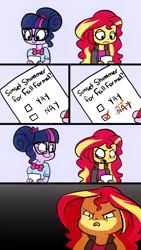 Size: 720x1280 | Tagged: safe, artist:little-tweenframes, banned from derpibooru, deleted from derpibooru, derpibooru import, sci-twi, sunset shimmer, twilight sparkle, series:sciset diary, equestria girls, annoyed, comic, cute, female, glasses, horse puns, how dare you?, lesbian, open mouth, paper, pun, scitwishimmer, shipping, simple background, sunsetsparkle, trollight sparkle