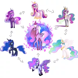 Size: 1280x1280 | Tagged: safe, artist:sand-filled-scarecrow, banned from derpibooru, deleted from derpibooru, derpibooru import, princess cadance, princess celestia, princess luna, alicorn, hybrid, pony, alicorn triarchy, big crown thingy, element of magic, fusion, fusion diagram, hexafusion, horseshoes, jewelry, regalia, simple background, white background