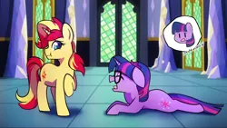Size: 1280x720 | Tagged: safe, artist:little-tweenframes, banned from derpibooru, deleted from derpibooru, derpibooru import, sci-twi, sunset shimmer, twilight sparkle, twilight sparkle (alicorn), ponified, alicorn, pony, unicorn, series:sciset diary, equestria girls, castle, concerned, dialogue, equestria girls ponified, eyes closed, female, glasses, implied princess twilight, lesbian, looking back, offscreen character, prone, raised hoof, scitwishimmer, scrunchy face, shipping, snickering, stifling laughter, sunsetsparkle, twolight, upset, wingless