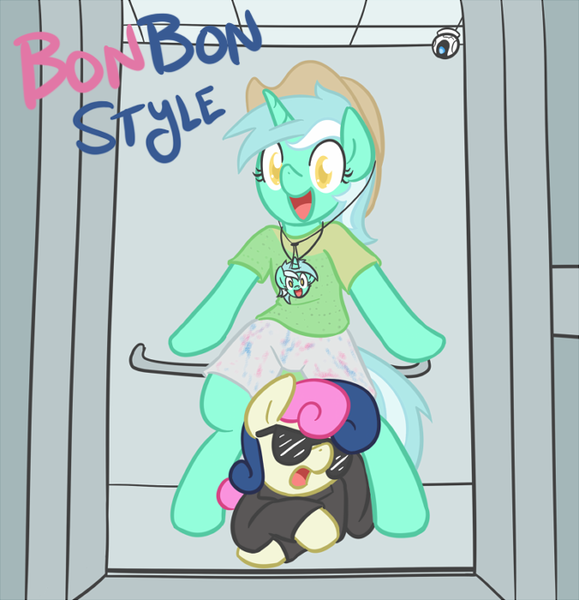 Size: 676x700 | Tagged: safe, artist:atlur, banned from derpibooru, deleted from derpibooru, derpibooru import, bon bon, lyra heartstrings, sweetie drops, bonafied, bonbon style, bonpun, cowboy hat, gangnam style, hat, lyravator, no hongchul, pun, sunglasses, swag, tumblr