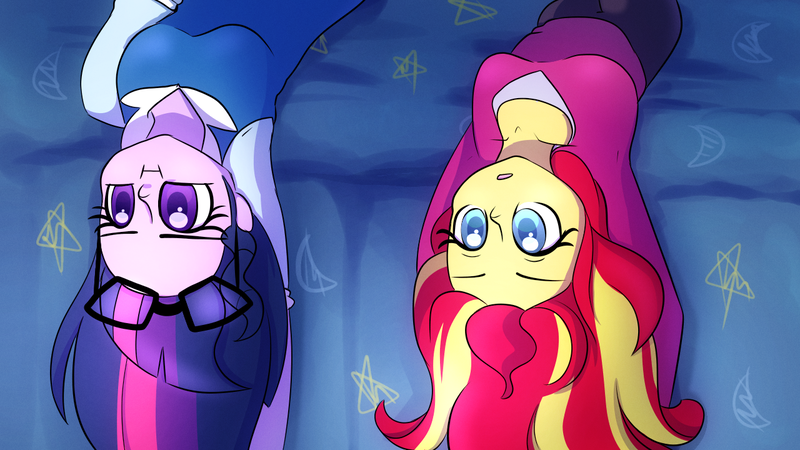 Size: 1280x720 | Tagged: safe, artist:little-tweenframes, banned from derpibooru, deleted from derpibooru, derpibooru import, sci-twi, sunset shimmer, twilight sparkle, series:sciset diary, equestria girls, :i, clothes, cute, female, glasses, lesbian, open mouth, pajamas, scitwishimmer, scrunchy face, shimmerbetes, shipping, sunsetsparkle, television, twiabetes, upside down