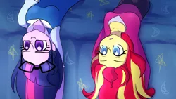 Size: 1280x720 | Tagged: safe, artist:little-tweenframes, banned from derpibooru, deleted from derpibooru, derpibooru import, sci-twi, sunset shimmer, twilight sparkle, series:sciset diary, equestria girls, :i, clothes, cute, female, glasses, lesbian, open mouth, pajamas, scitwishimmer, scrunchy face, shimmerbetes, shipping, sunsetsparkle, television, twiabetes, upside down