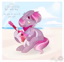 Size: 1500x1440 | Tagged: safe, artist:hiccupsdoesart, banned from derpibooru, deleted from derpibooru, derpibooru import, oc, oc:orchid flower, unofficial characters only, beach, guitar, musical instrument, ocean, solo, steven universe, ukulele, wing hands, wings