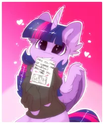 Size: 833x990 | Tagged: safe, artist:hiccupsdoesart, banned from derpibooru, deleted from derpibooru, derpibooru import, twilight sparkle, twilight sparkle (alicorn), alicorn, pony, adorkable, chemistry joke, clothes, colored wings, colored wingtips, copper and tellurium, cute, daaaaaaaaaaaw, dilated pupils, dork, ear fluff, female, fluffy, gradient background, grin, heart, heart eyes, hearts and hooves day, holiday, hoodie, hooves to the chest, joke, looking at you, mare, mouth hold, paper, science, shivering, smiling, solo, sparkles, squee, stars, that pony sure does love science, twiabetes, valentine's day, wing fluff, wingding eyes, wings