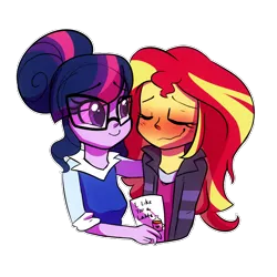Size: 800x800 | Tagged: safe, artist:little-tweenframes, banned from derpibooru, deleted from derpibooru, derpibooru import, sci-twi, sunset shimmer, twilight sparkle, series:sciset diary, equestria girls, blushing, card, clothes, cute, eyes closed, female, glasses, lesbian, pun, scitwishimmer, shimmerbetes, shipping, simple background, smiling, sunsetsparkle, twiabetes