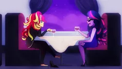 Size: 1280x720 | Tagged: safe, artist:little-tweenframes, banned from derpibooru, deleted from derpibooru, derpibooru import, sci-twi, sunset shimmer, twilight sparkle, series:sciset diary, equestria girls, alcohol, alternate hairstyle, animated, barefoot, clothes, date, dress, feet, female, glass, glasses, image, lesbian, loop, png, scitwishimmer, shipping, shoes removed, smiling, sunsetsparkle, wine