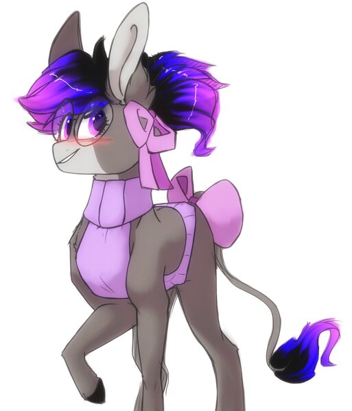 Size: 1025x1199 | Tagged: safe, artist:hiccupsdoesart, banned from derpibooru, deleted from derpibooru, derpibooru import, oc, oc:tara, unofficial characters only, donkey, backless, blushing, bow, clothes, cute, glasses, non-pony oc, open-back sweater, sleeveless, sleeveless sweater, solo, sweater, virgin killer sweater