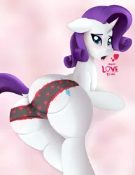 Size: 1391x1800 | Tagged: suggestive, artist:booponies, banned from derpibooru, deleted from derpibooru, derpibooru import, rarity, pony, unicorn, black underwear, blushing, butt, clothes, dialogue, dock, frilly underwear, heart, heart print underwear, looking at you, looking back, panties, plot, rearity, solo, text, underwear