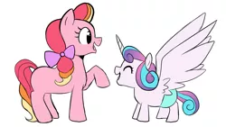 Size: 1111x628 | Tagged: safe, artist:little-tweenframes, banned from derpibooru, deleted from derpibooru, derpibooru import, princess flurry heart, oc, oc:honeycrisp blossom, earth pony, pony, blank flank, cute, duo, half-siblings, next generation, offspring, open mouth, parent:big macintosh, parent:princess cadance, parents:cadmac, simple background, smiling, spread wings, white background, wings