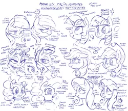 Size: 5000x4352 | Tagged: safe, artist:dilarus, banned from derpibooru, deleted from derpibooru, derpibooru import, applejack, fluttershy, pinkie pie, rainbow dash, rarity, twilight sparkle, twilight sparkle (alicorn), alicorn, pony, absurd resolution, headcanon, mane six, monochrome, sketch, sketch dump