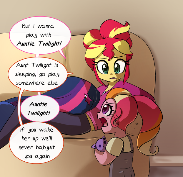 Size: 970x936 | Tagged: safe, artist:little-tweenframes, banned from derpibooru, deleted from derpibooru, derpibooru import, sci-twi, sunset shimmer, twilight sparkle, oc, oc:honeycrisp blossom, series:sciset diary, equestria girls, alternate hairstyle, clothes, couch, dialogue, female, lesbian, offspring, parent:big macintosh, parent:princess cadance, parents:cadmac, scitwishimmer, shipping, sleeping, sunsetsparkle, trio