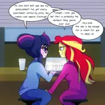 Size: 1000x1000 | Tagged: safe, artist:little-tweenframes, banned from derpibooru, deleted from derpibooru, derpibooru import, sci-twi, sunset shimmer, twilight sparkle, series:sciset diary, equestria girls, clothes, computer, dialogue, female, glasses, laptop computer, lesbian, pajamas, scitwishimmer, shipping, smiling, speech bubble, sunsetsparkle