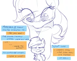 Size: 1280x1024 | Tagged: safe, artist:dilarus, banned from derpibooru, deleted from derpibooru, derpibooru import, applejack, rainbow dash, pony, big-apple-pony, commission, cute, dialogue, giant pony, macro, never doubt ncmares's involvement, size difference, sketch, smoldash