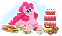 Size: 2048x1207 | Tagged: safe, artist:hiccupsdoesart, banned from derpibooru, deleted from derpibooru, derpibooru import, pinkie pie, earth pony, pony, :p, cake, cute, diapinkes, eclair, female, food, mare, muffin, mug, pancakes, pie, prone, sandwich, smiling, solo, strawberry, tongue out, whipped cream