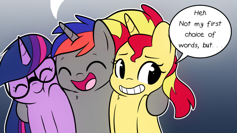 Size: 1280x720 | Tagged: safe, artist:little-tweenframes, banned from derpibooru, deleted from derpibooru, derpibooru import, sci-twi, sunset shimmer, twilight sparkle, oc, ponified, pony, series:sciset diary, female, lesbian, scitwishimmer, shipping, sunlight, sunsetsparkle