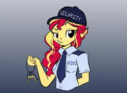 Size: 1000x731 | Tagged: safe, artist:little-tweenframes, banned from derpibooru, deleted from derpibooru, derpibooru import, sunset shimmer, series:sciset diary, alternate hairstyle, bedroom eyes, cap, clothes, female, gradient background, hat, key, lip bite, ponytail, security guard, solo, uniform