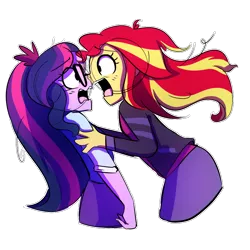 Size: 900x900 | Tagged: safe, artist:little-tweenframes, banned from derpibooru, deleted from derpibooru, derpibooru import, sci-twi, sunset shimmer, twilight sparkle, series:sciset diary, equestria girls, clothes, female, glasses, lesbian, looking at each other, nervous, panicking, scitwishimmer, shipping, simple background, sunsetsparkle, yelling