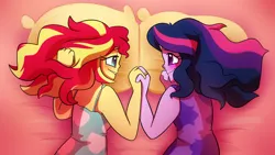 Size: 1280x720 | Tagged: safe, artist:little-tweenframes, banned from derpibooru, deleted from derpibooru, derpibooru import, sci-twi, sunset shimmer, twilight sparkle, series:sciset diary, equestria girls, bed, blushing, eye contact, female, grin, holding hands, jewelry, lesbian, lidded eyes, looking at each other, loose hair, pillow, ring, scitwishimmer, shipping, side, smiling, sunsetsparkle, waking up, wedding ring