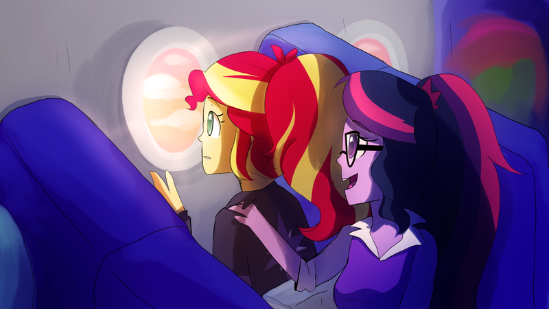 Size: 1280x720 | Tagged: safe, artist:little-tweenframes, banned from derpibooru, deleted from derpibooru, derpibooru import, sci-twi, sunset shimmer, twilight sparkle, series:sciset diary, equestria girls, clothes, female, glasses, honeymoon, lesbian, plane, scitwishimmer, shipping, smiling, sunsetsparkle, window