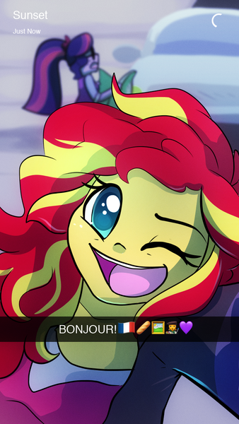 Size: 640x1136 | Tagged: safe, artist:little-tweenframes, banned from derpibooru, deleted from derpibooru, derpibooru import, sci-twi, sunset shimmer, twilight sparkle, series:sciset diary, equestria girls, car, emoji, female, french, glasses, honeymoon, instagram, lesbian, map, one eye closed, open mouth, scitwishimmer, selfie, shipping, snapchat, sunsetsparkle, wink