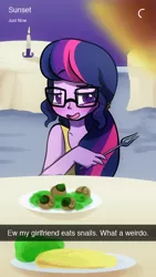Size: 640x1136 | Tagged: safe, artist:little-tweenframes, banned from derpibooru, deleted from derpibooru, derpibooru import, sci-twi, sunset shimmer, twilight sparkle, snail, series:sciset diary, equestria girls, blushing, escargot, female, glasses, lesbian, offscreen character, open mouth, pov, scitwishimmer, shipping, sunsetsparkle