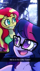 Size: 640x1136 | Tagged: safe, artist:little-tweenframes, banned from derpibooru, deleted from derpibooru, derpibooru import, sci-twi, sunset shimmer, twilight sparkle, series:sciset diary, equestria girls, clothes, eiffel tower, female, glasses, lesbian, open mouth, paris, scitwishimmer, selfie, shipping, smiling, sunsetsparkle