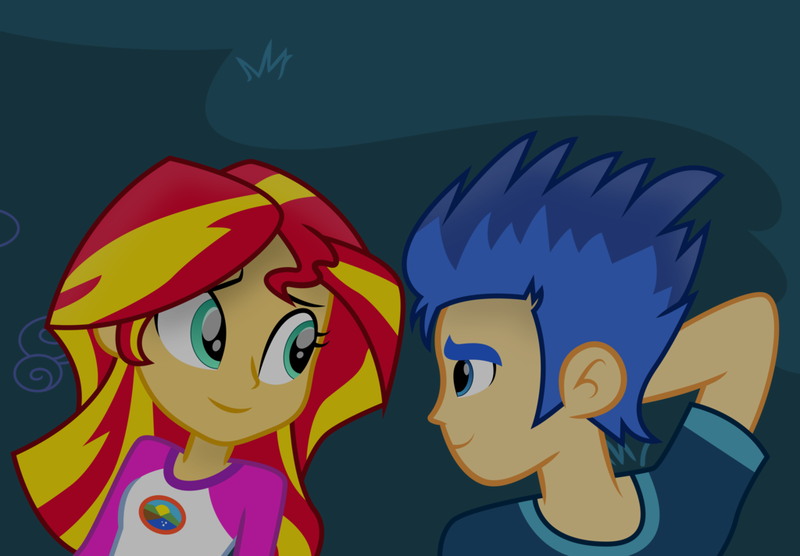 Size: 1024x712 | Tagged: safe, artist:paulysentry, banned from derpibooru, deleted from derpibooru, derpibooru import, flash sentry, sunset shimmer, equestria girls, legend of everfree, arm behind head, bust, clothes, female, flashimmer, looking at each other, male, on back, portrait, shipping, straight